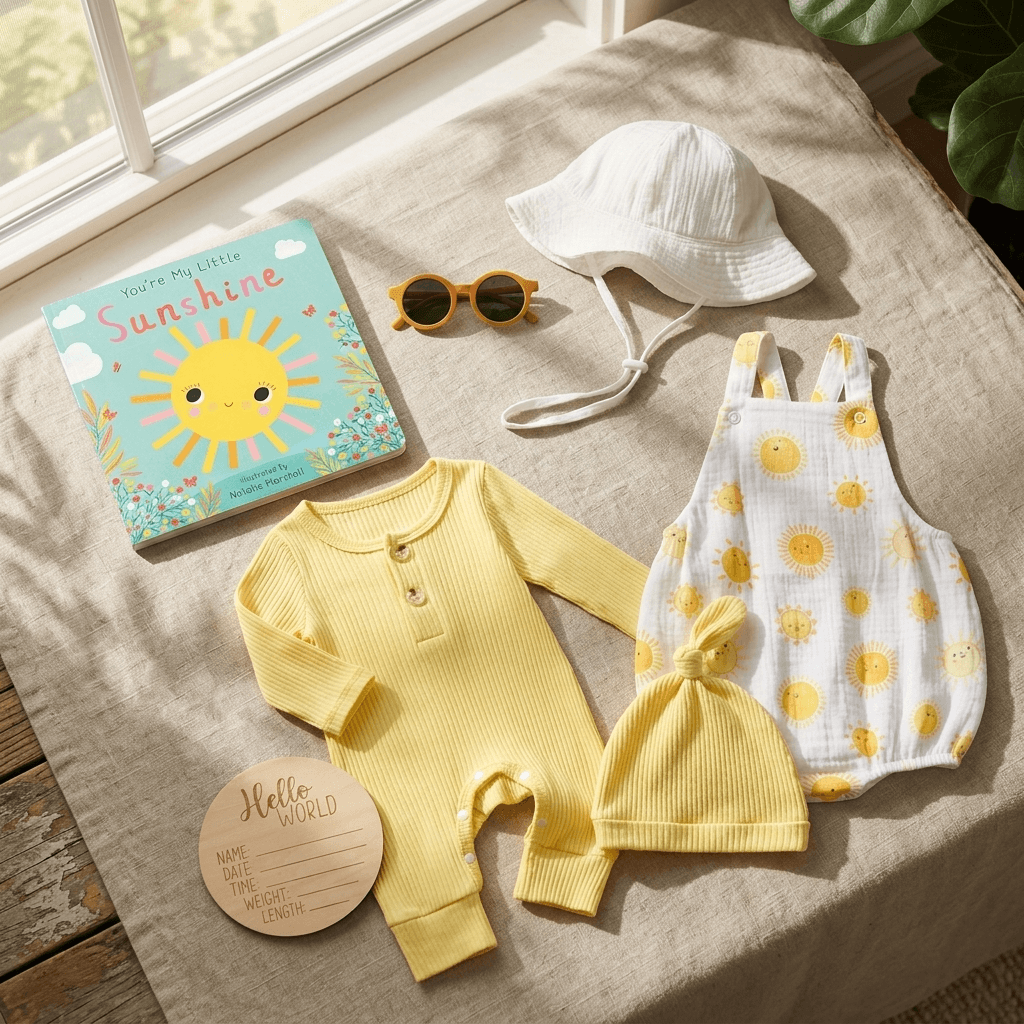 A baby outfit flat lay on a linen surface near a window, including a yellow ribbed long-sleeve romper, a white sun-print muslin overalls set, a white bucket hat, yellow-tinted sunglasses, a children's 'Sunshine' book, and a round wooden 'Hello World' name card.