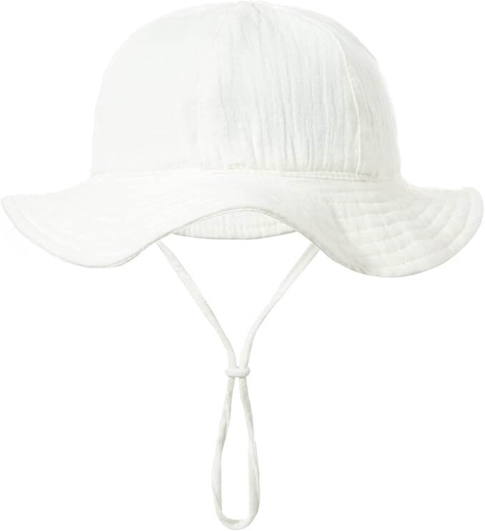 A white crinkled cotton sun hat with a wide brim and chin strap, shown against a plain white background.