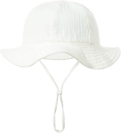 A white crinkled cotton sun hat with a wide brim and chin strap, shown against a plain white background.