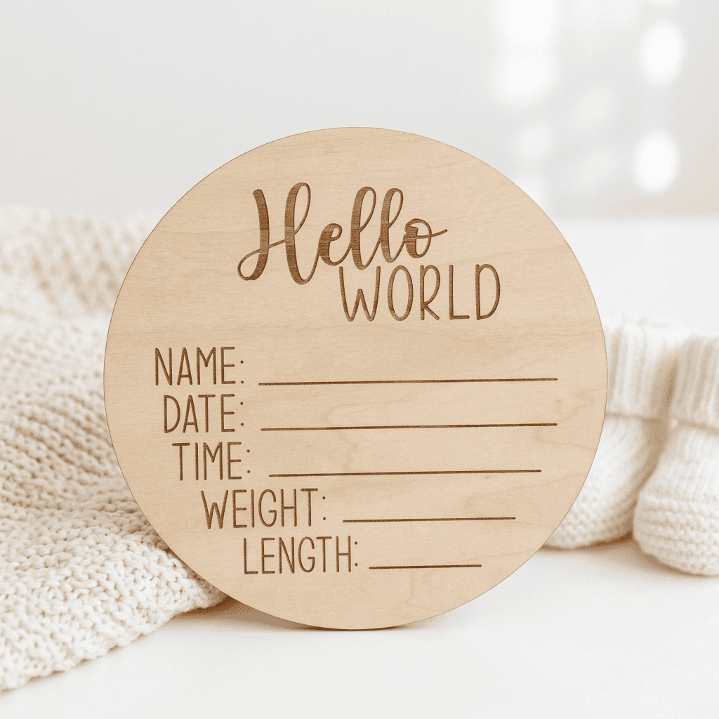 A round natural wood baby milestone plaque engraved with 'Hello WORLD' and lines for writing name, date, time, weight, and length. It is styled on a white surface next to a cream knit blanket and white knit socks.