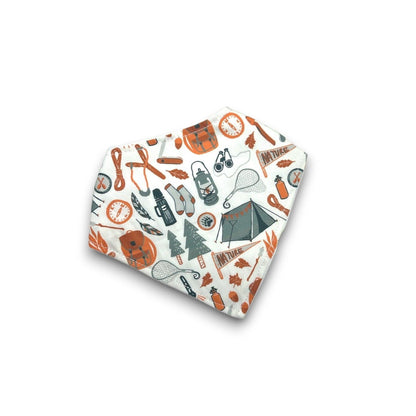 Camping-themed baby bandana bib with nature icons, perfect for outdoor-loving infants and themed baby gifts.