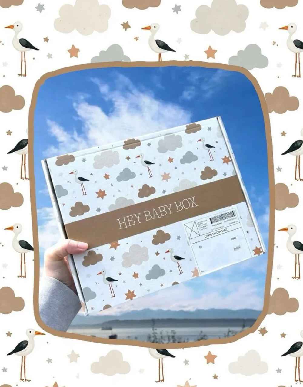 Hand holding a themed baby gift box with stork, cloud, and star pattern, perfect for baby showers and long-distance gifting.