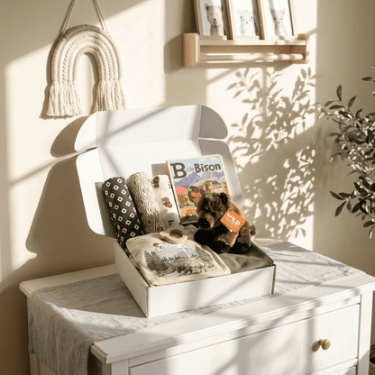 White dresser with decorative items including a teddy bear, books, and cushions in a sunlit room.