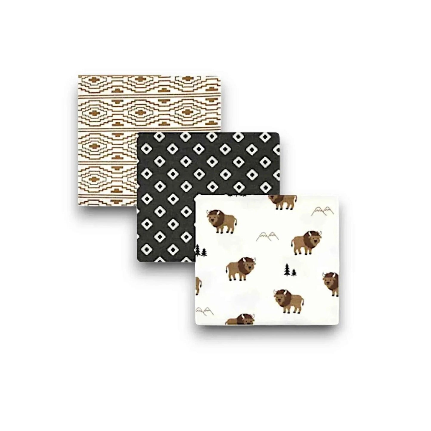 Hey Baby Box 3-pack baby swaddles with bison, mountain, and geometric patterns in white, black, and brown.
