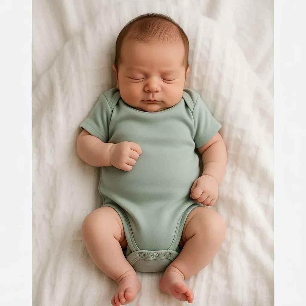 Sage green short-sleeve cotton onesie on a sleeping baby, part of the National Park Baby Gift set from Hey Baby Box.