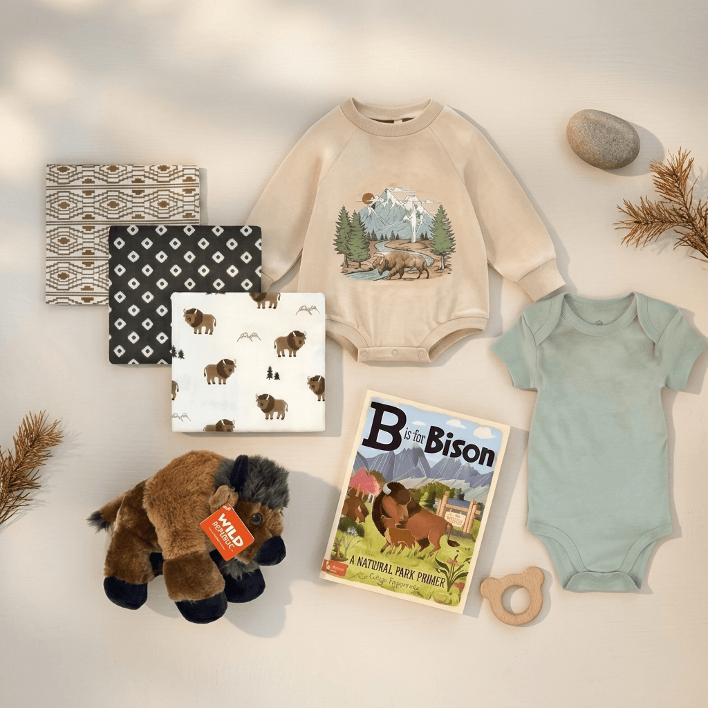 Baby clothing and toys with a nature-themed design on a light background