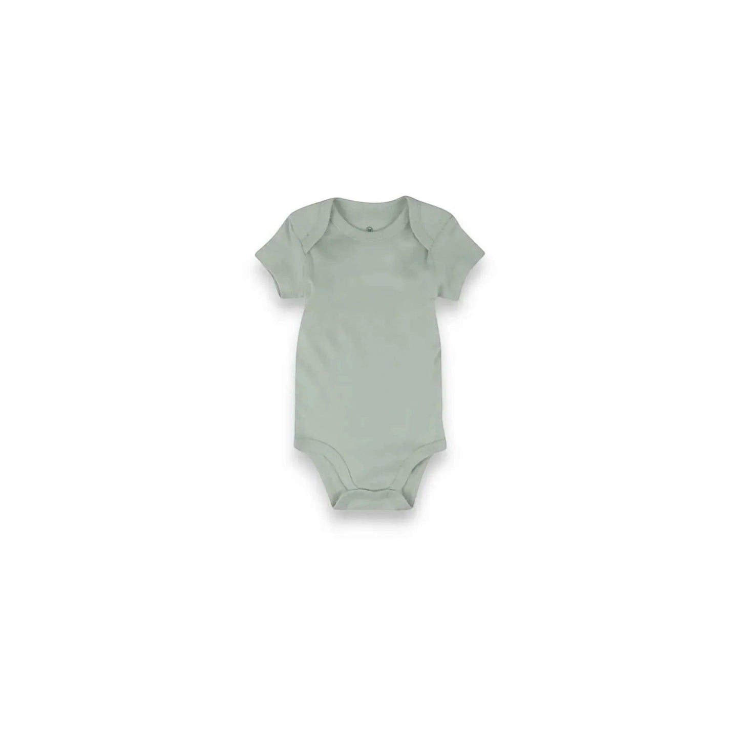 Hey Baby Box sage green short-sleeve baby onesie with envelope neckline and snap closure.