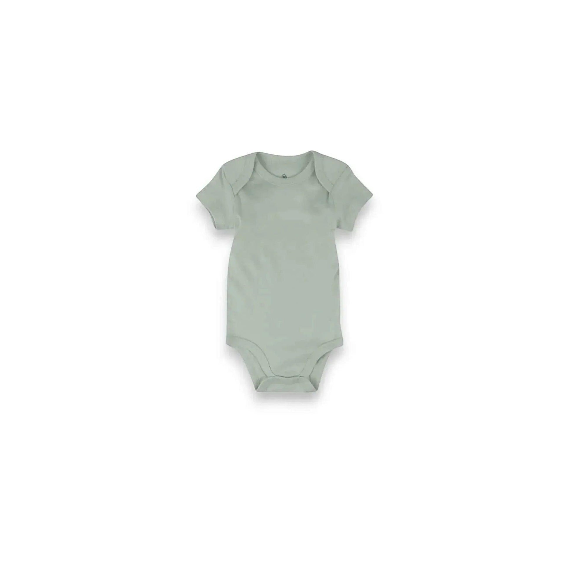 Hey Baby Box sage green short-sleeve baby onesie with envelope neckline and snap closure.