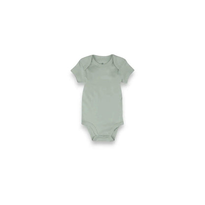 Hey Baby Box sage green short-sleeve baby onesie with envelope neckline and snap closure.
