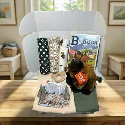 Hey Baby Box National Park baby gift set with bison romper, green onesie, plush bison, wooden teether, swaddles, and 'B is for Bison' book.