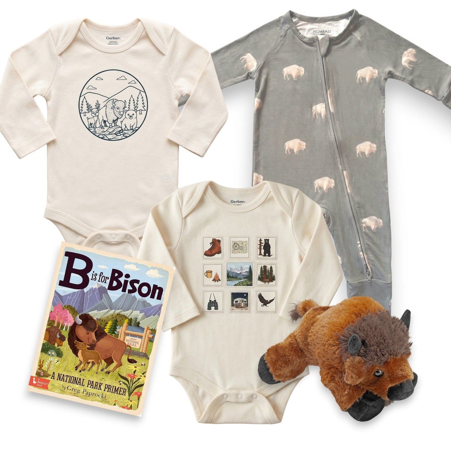 Collection of baby clothing and toys with a focus on nature and animals, including onesies and a plush bison toy.
