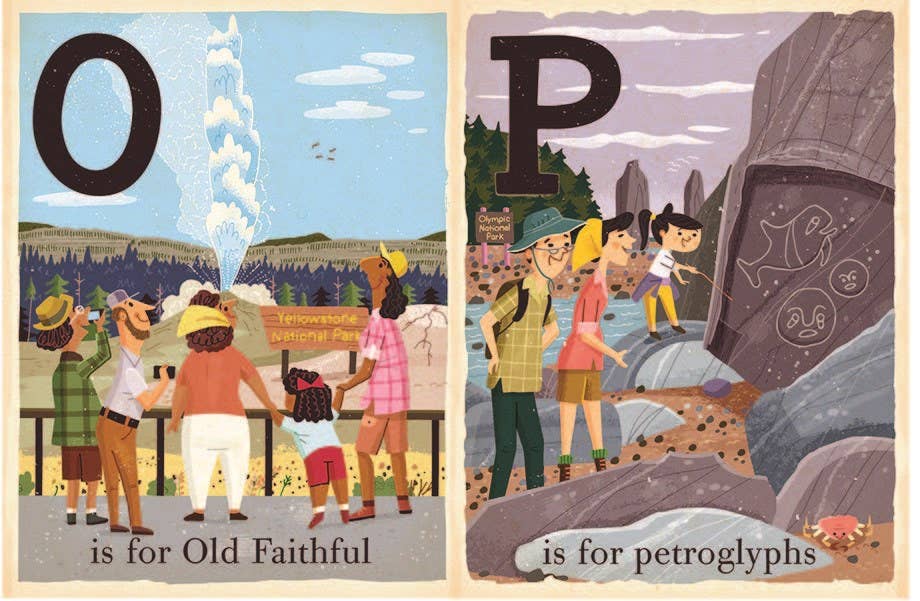 Two illustrations side by side with letters O and P, featuring people and natural landmarks.