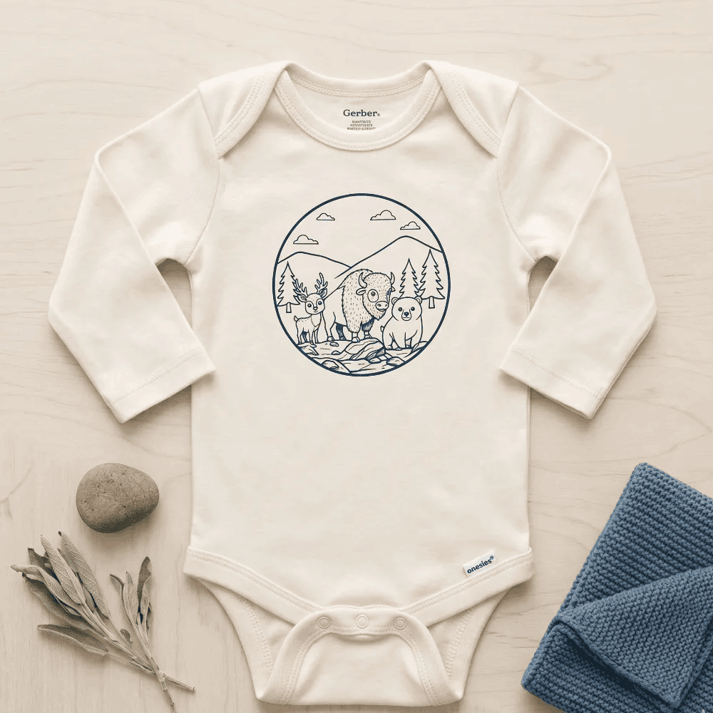 Baby onesie with nature-themed design on a wooden surface with a blue blanket and plant.