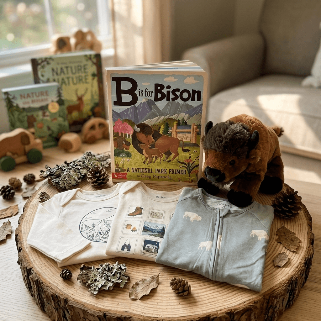Children's educational items including books, t-shirts, and a plush bison on a wooden surface.