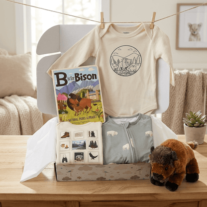 Baby clothing and educational items on a table with a neutral background