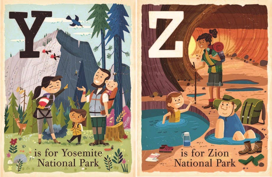 Two illustrated cards featuring scenes from Yosemite and Zion National Parks with corresponding letters 'Y' and 'Z'.