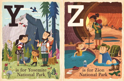Two illustrated cards featuring scenes from Yosemite and Zion National Parks with corresponding letters 'Y' and 'Z'.