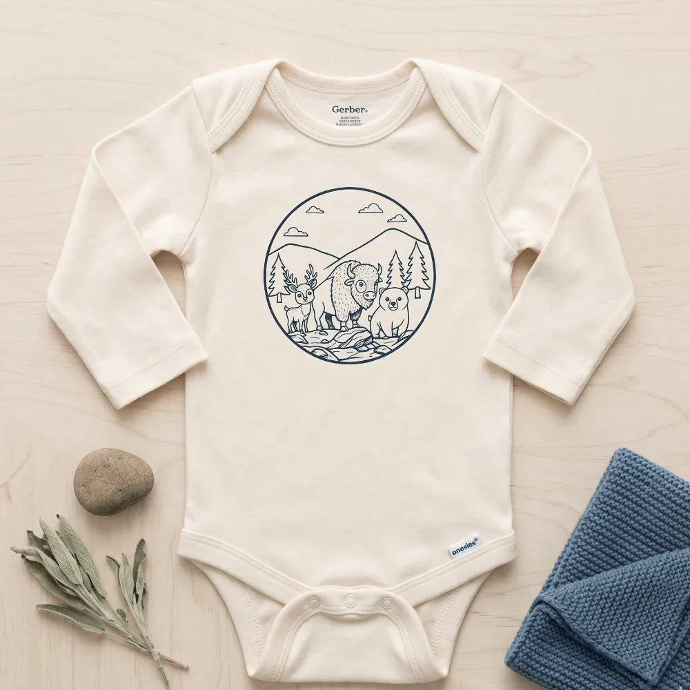 Baby onesie with nature-themed design on a wooden surface with a blue blanket and plant.