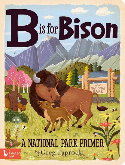 Book cover of 'B is for Bison' with a bison and calf in a national park setting.