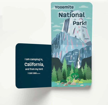 Card with illustration of Yosemite National Park and text about camping in California.