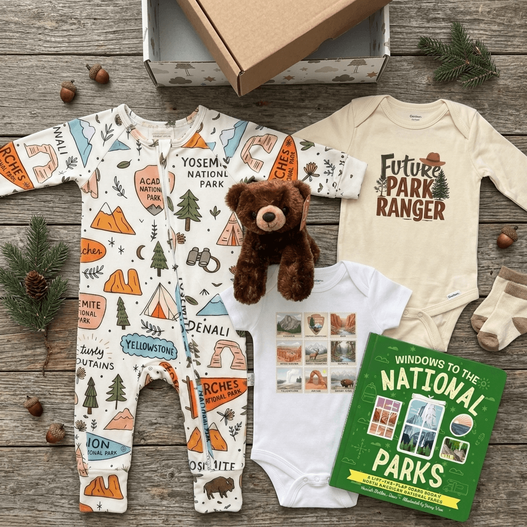 Baby clothing set with national park-themed designs on a wooden surface.