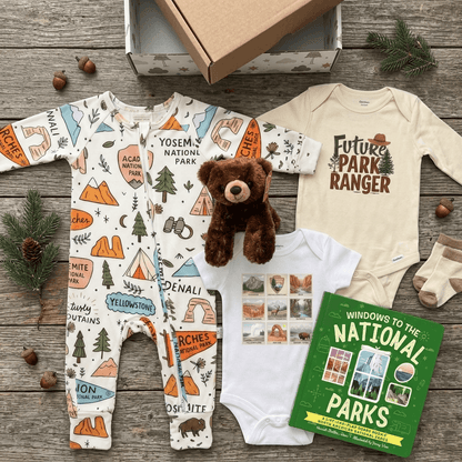 Baby clothing set with national park-themed designs on a wooden surface.