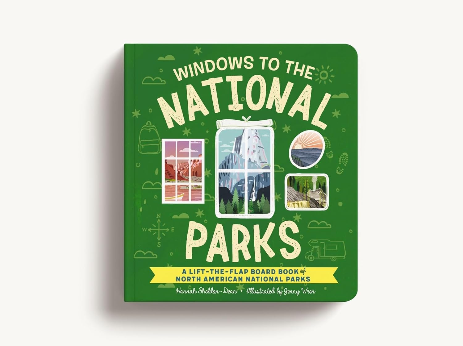 Book titled 'Windows to the National Parks' with green cover and illustrations of national parks.