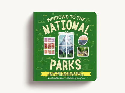 Book titled 'Windows to the National Parks' with green cover and illustrations of national parks.