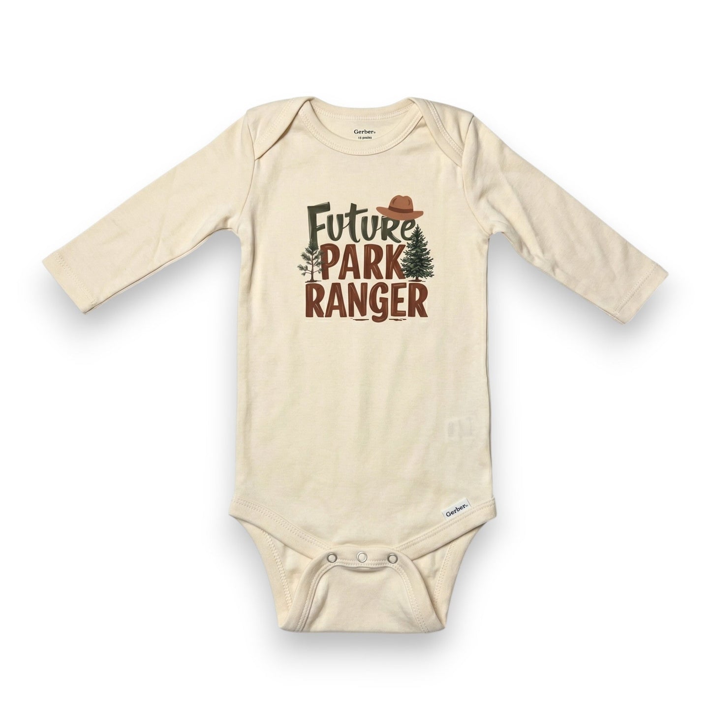 Beige baby onesie with 'Future Park Ranger' text and graphics on a white background