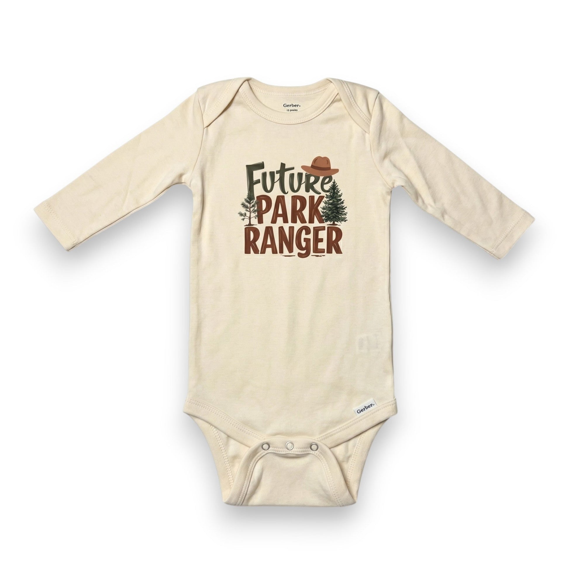 Beige baby onesie with 'Future Park Ranger' text and graphics on a white background