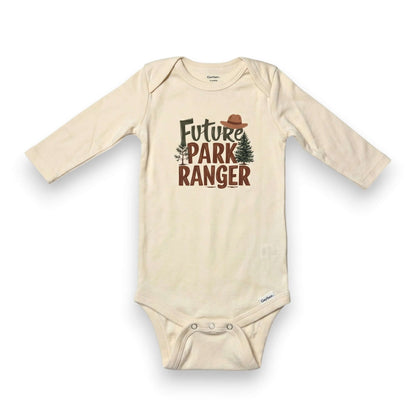 Beige baby onesie with 'Future Park Ranger' text and graphics on a white background