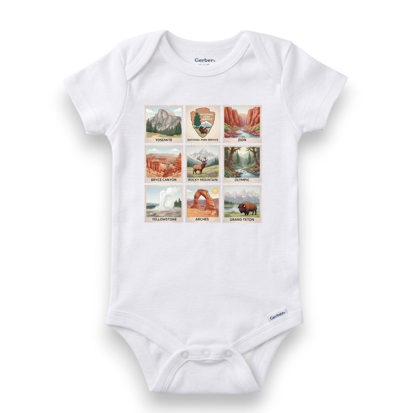White baby onesie with national park illustrations on a white background