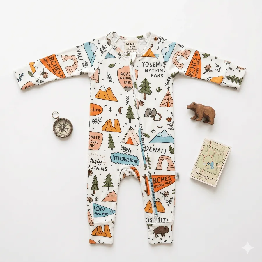 Children's onesie with national park designs on a white background