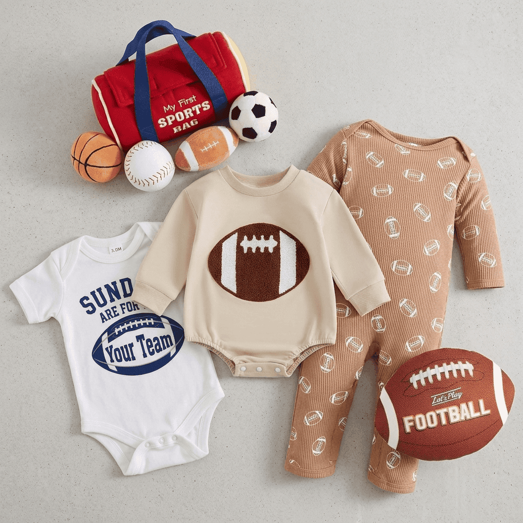 Collection of baby clothing and sports-themed items on a gray background