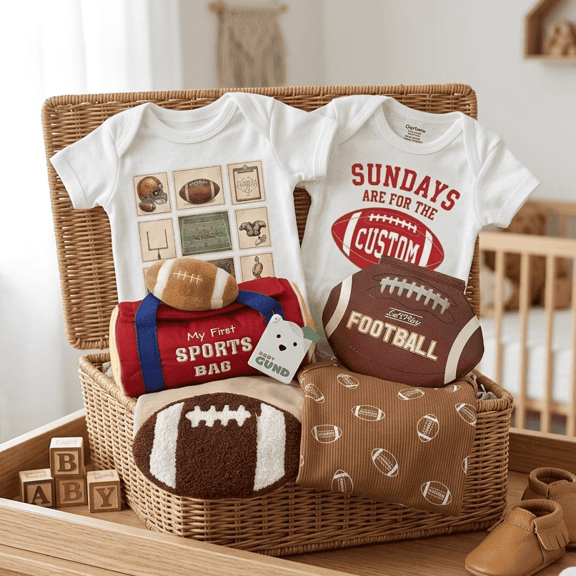 Baby gift basket with sports-themed items on a wooden dresser.