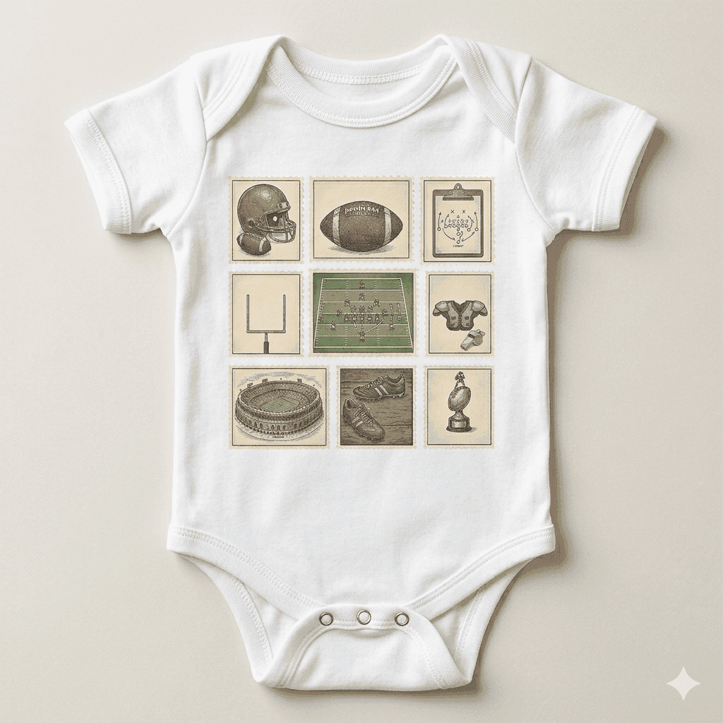White baby onesie with vintage-style sports graphics on a beige background