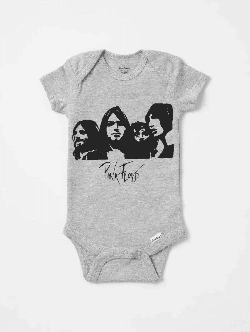 Gray baby onesie with Pink Floyd graphic on a white background