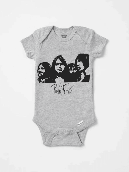 Gray baby onesie with Pink Floyd graphic on a white background