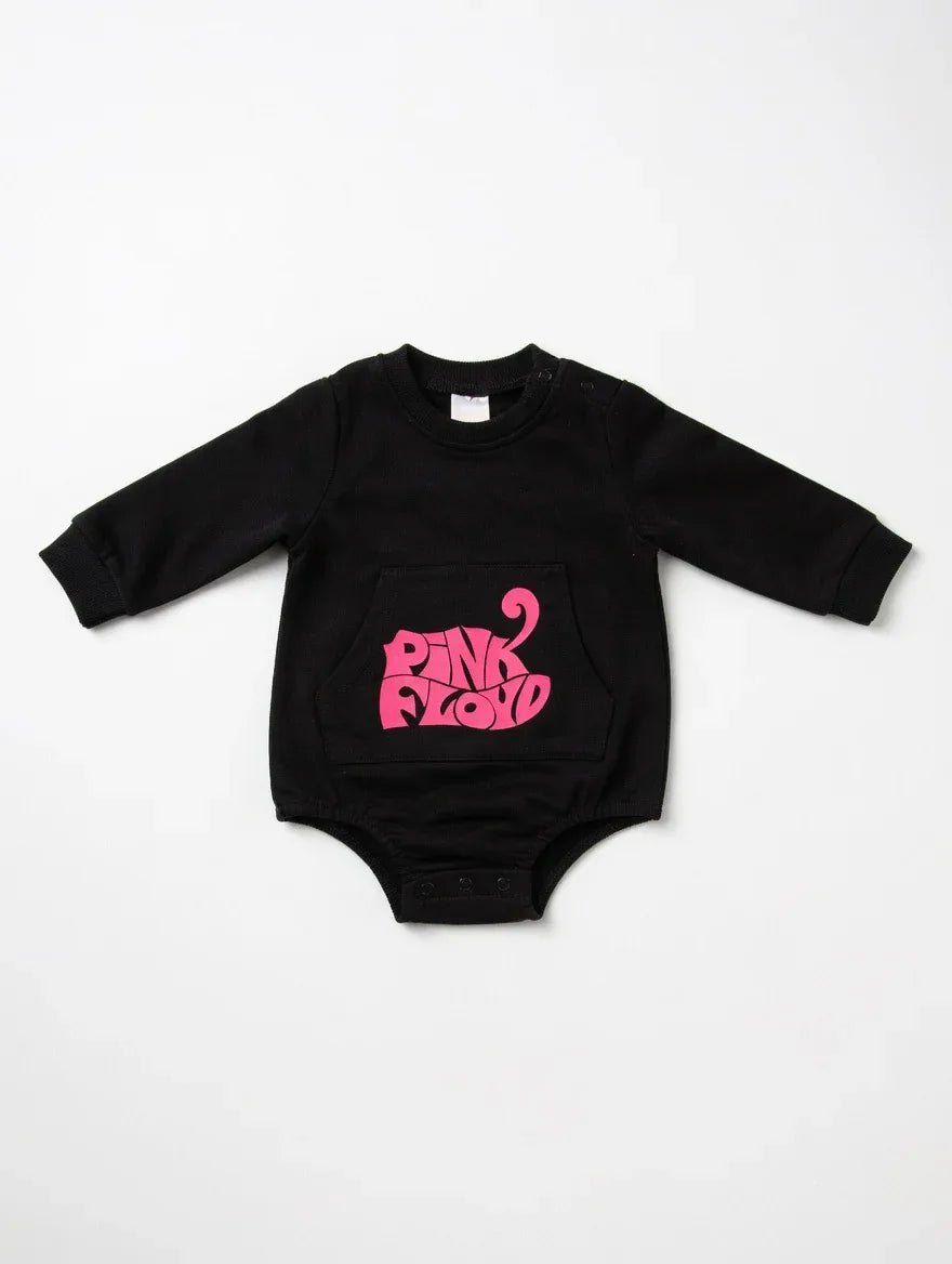 Black baby onesie with pink 'Pink Floyd' logo on a white background