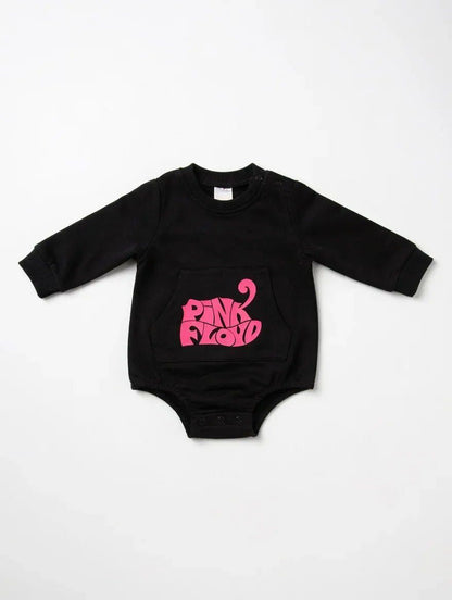 Black baby onesie with pink 'Pink Floyd' logo on a white background