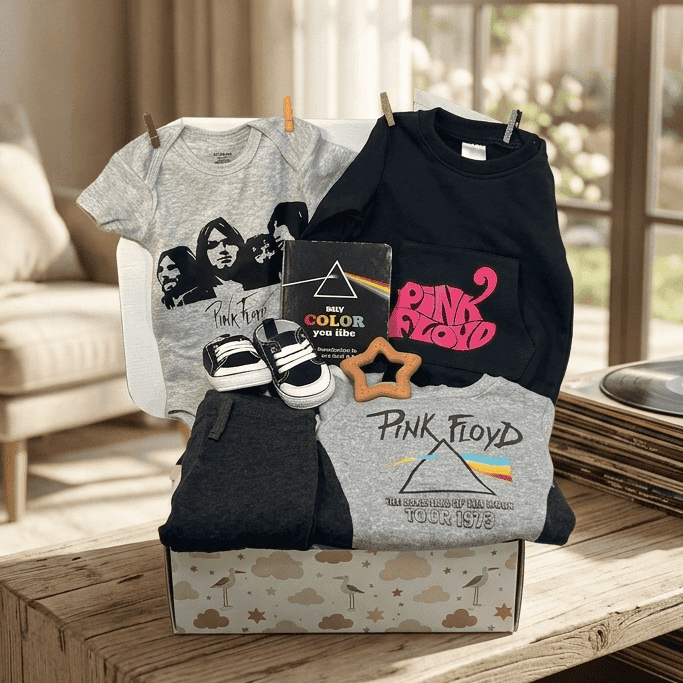 Collection of Pink Floyd merchandise including t-shirts and a book on a wooden table in a living room.