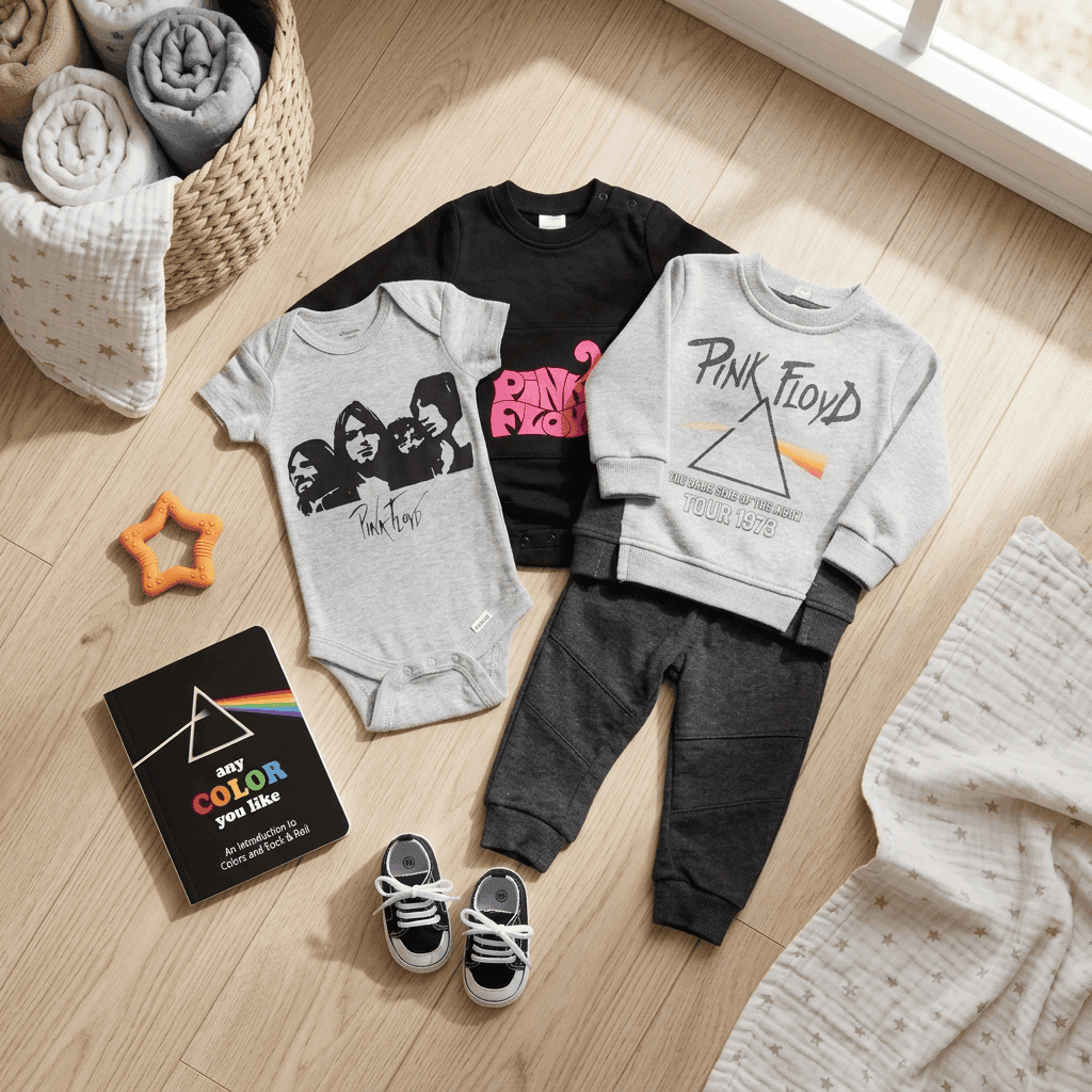 Children's clothing and accessories on a wooden floor, including sweaters and pants with graphic designs.