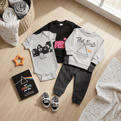 Children's clothing and accessories on a wooden floor, including sweaters and pants with graphic designs.