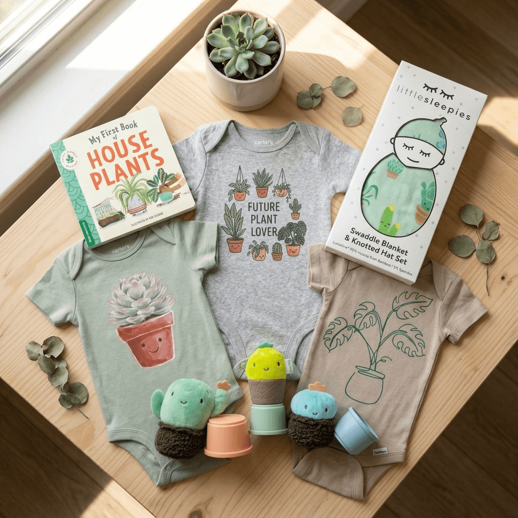 A styled flat-lay of baby gift items on a light wood surface: a gray bodysuit with a cactus and plant print, a sage green bodysuit with a succulent print, a beige bodysuit with a plant outline print, a book titled 'My First Book: House Plants,' a boxed knit set labeled 'little sleepies,' and small plush plant toys.