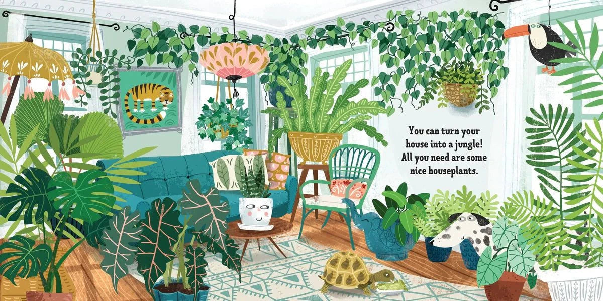 Illustration of a room filled with plants and furniture, with text about turning a house into a jungle.