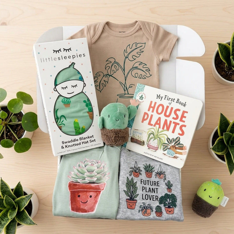 Baby gift set with t-shirt, swaddle blanket, and books on a wooden surface with plants.