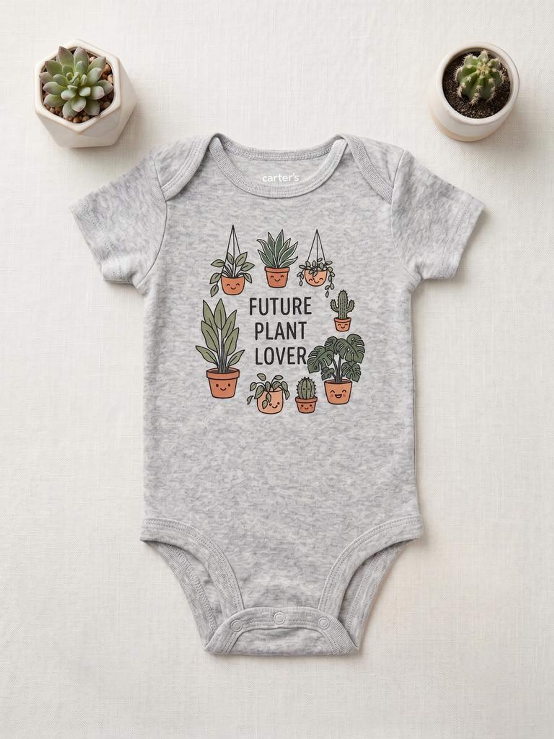 Gray baby onesie with plant-themed design on a light background