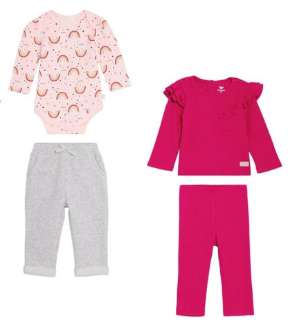 Set of baby clothing including a pink bodysuit, pink top with ruffles, gray pants, and pink leggings on a white background.