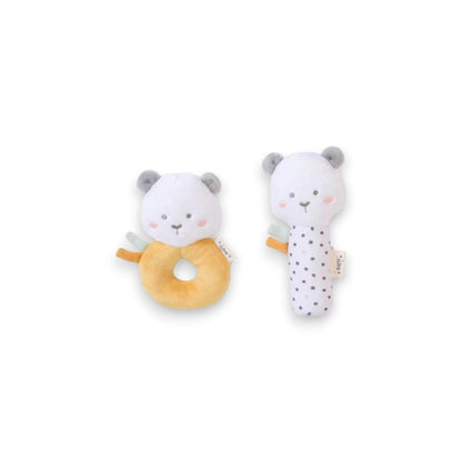Two baby toys with animal designs on a white background