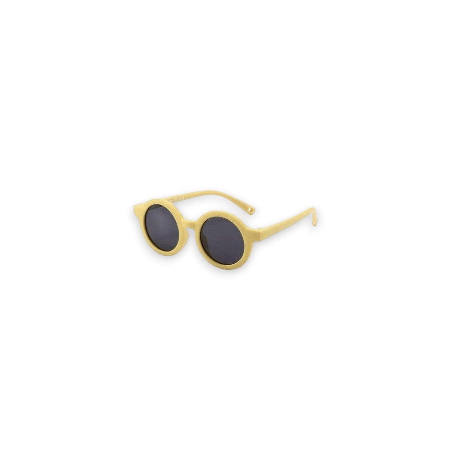 Small round sunglasses with gold frame and dark lenses on a white background